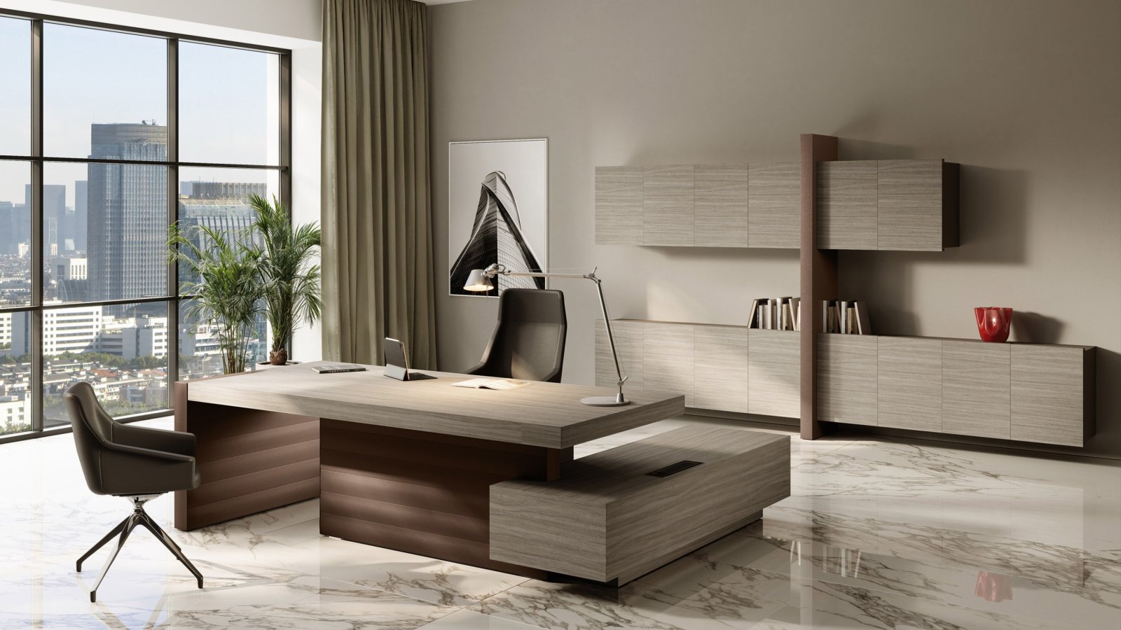 Las Mobili Jera Chefschreibtisch 2.100 mm Finish Noce Bali — Eco-Pelle Seitenteile Ardesia, Gesamtansicht Direktionsbüro