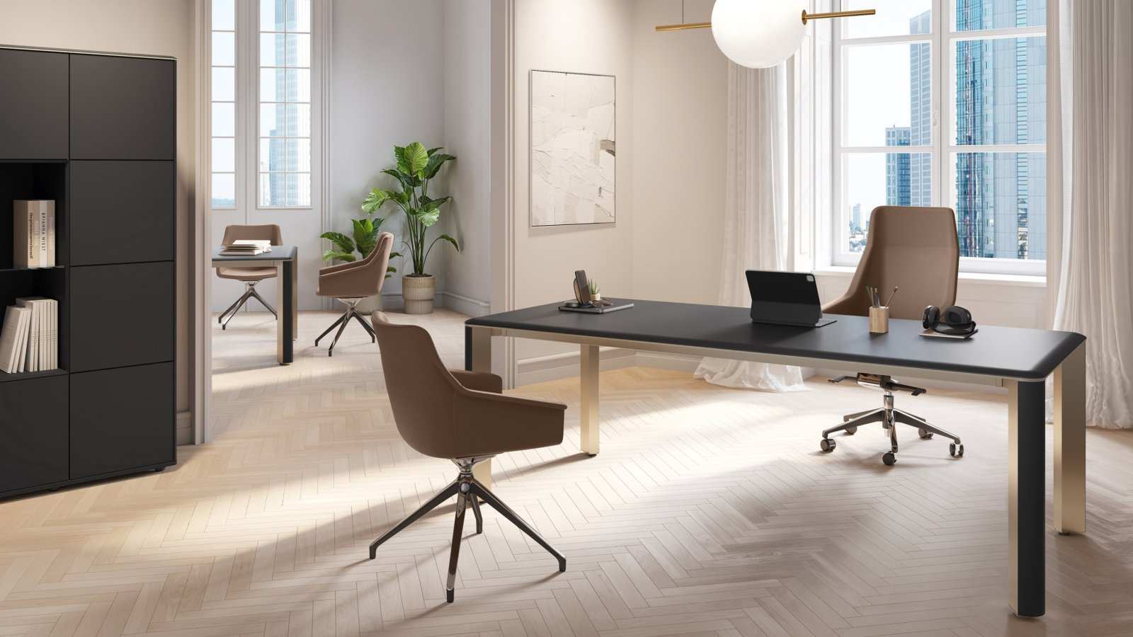 Moderner Schreibtisch Iulio von Las Mobili mit Aluminiumbeinen in Inox Grey und Holzdekor-Einsatz