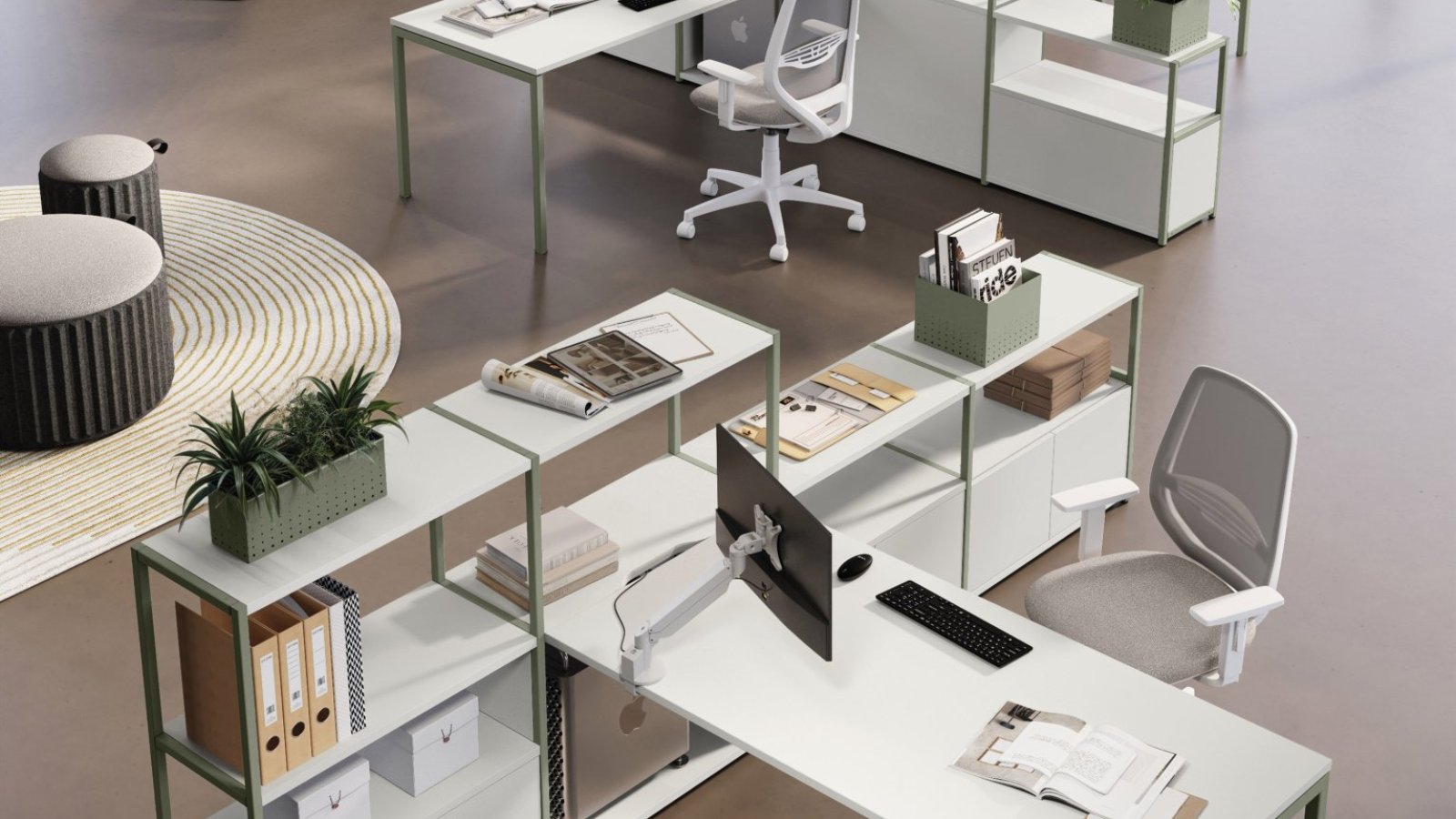 Arbeitsplatzsystem Sigma von Las Mobili mit Bench-Workstations auf quadratischen Stahlbeinen