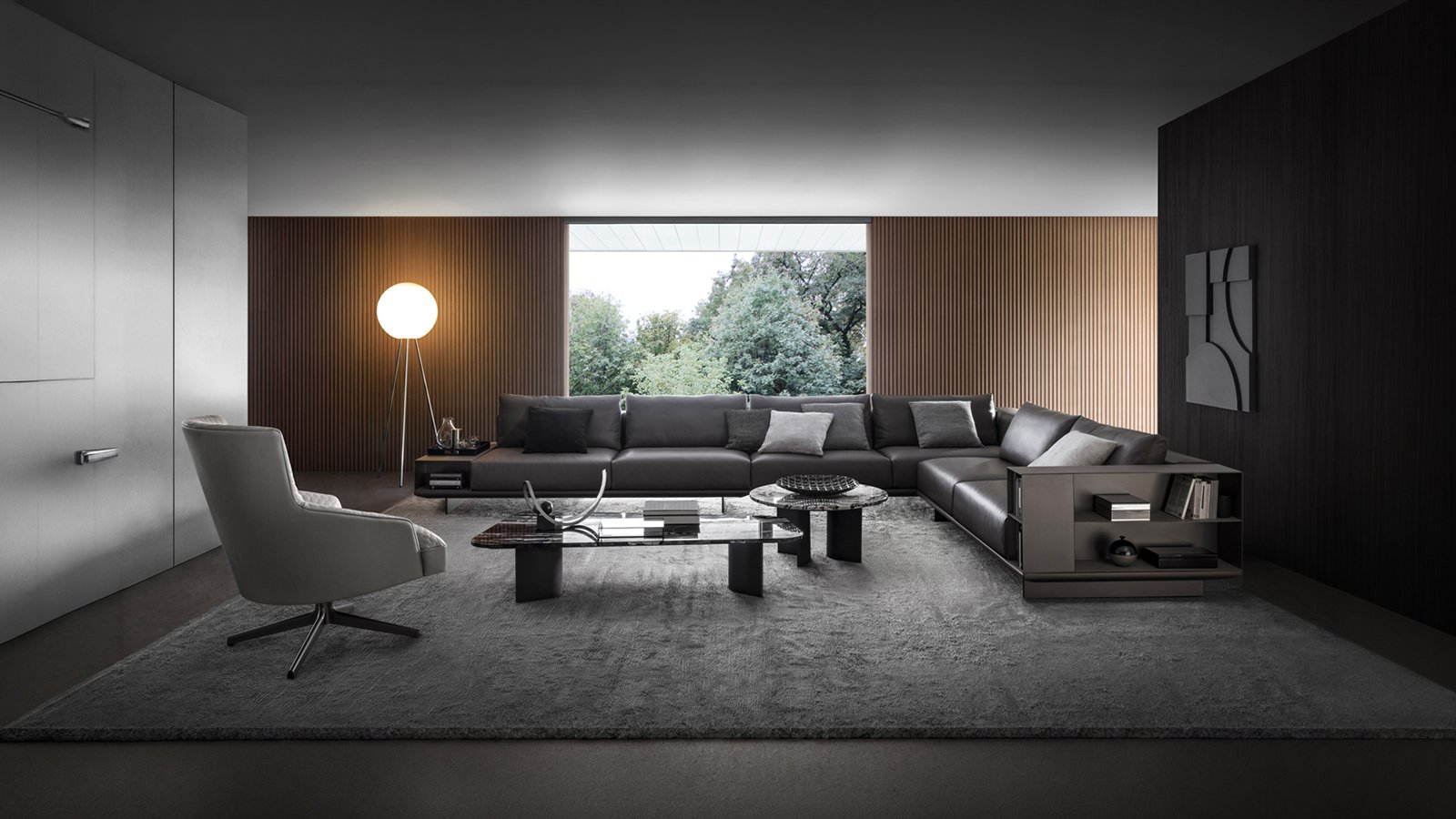 Modulares Sofa Asso von i4Mariani mit Ledersitzen und titanfarbenen Stahlfüßen