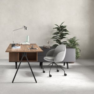 Designer-Schreibtische Lay von Archiutti mit hellgrauen Platten und roter Struktur