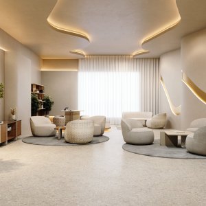 Runder Ginza Tisch mit drei Sesseln in einer informellen Sitzecke
