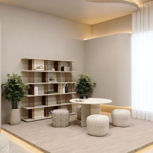 Lackiertes Unterbaupaneel des Ginza Tischs neben dem Paneel aus Travertin