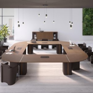 Halbovaler Konferenztisch AlfaOmega mit raumhoher Rückwand