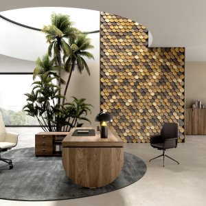 Chefbüro mit I Rovereschi Schreibtisch, Außenanbau und dreiteiligem Bücherregal