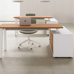 Operativer Schreibtisch E-Place von DVO Office auf weißem Kufengestell
