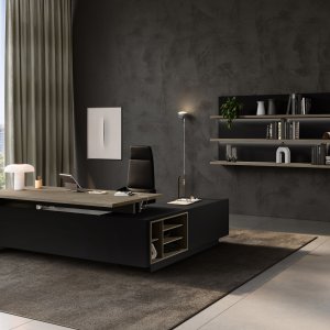 Top-Access aus schwarzem Aluminium mit beidseitiger Klappe auf einem Elite Besprechungstisch