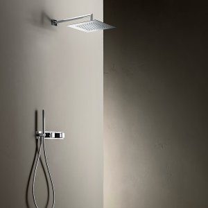 Dusche in Matt Gun Metal: quadratische Kopfbrause Mint am Wandarm mit Handbrause