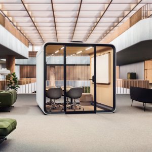 Hybride Besprechung mit Monitor im Framery Six