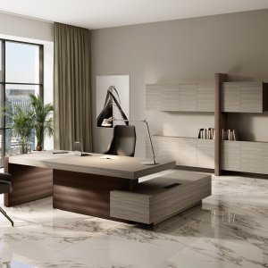 Las Mobili Jera Chefschreibtisch 2.100 mm Finish Noce Bali — Eco-Pelle Seitenteile Ardesia, Gesamtansicht Direktionsbüro