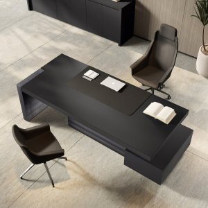 Jera Direktionssystem Gesamtkomposition — Chefschreibtisch 2.400 mm mit Totem-Container LED und Hängecontainern, Finish Wengé