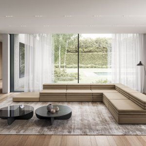 Quadratischer Hocker Acamante neben dem Sofa, gleiche Sitzhöhe von 38 cm