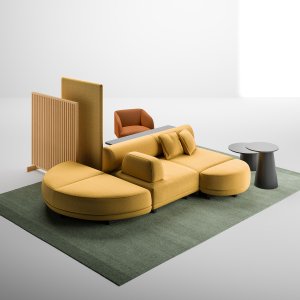 Sitzinsel Node+ von LaCividina, 180 × 180 cm, mit gepolsterten Rücken in einer Eingangshalle
