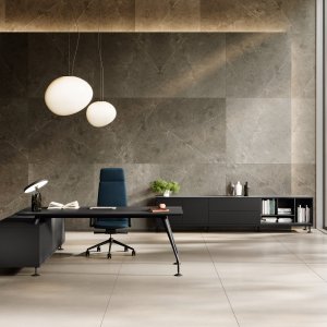 Énosi Besprechungstisch mit weissem Aluminium-Top-Access und Glasplatte