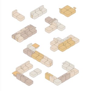Hocker des Systems One Hundred von Quinti neben einem Sitzmodul