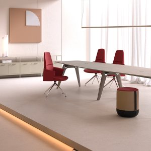 Rail Schreibtisch mit Glasplatte und integriertem Holzregal