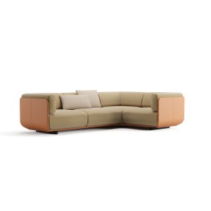 Umlaufende Platte aus bezogenem Mehrschichtholz am Sofa Shaal