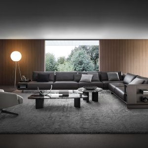 Modulares Sofa Asso von i4Mariani mit Ledersitzen und titanfarbenen Stahlfüßen