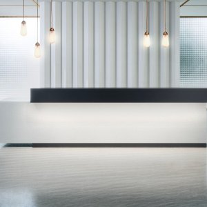 Empfangstresen Toki von Archiutti mit Aufsatz und lackierten Metallnischen