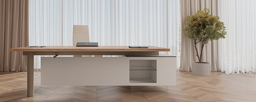 Schreibtisch mit Anbautisch und Sideboard